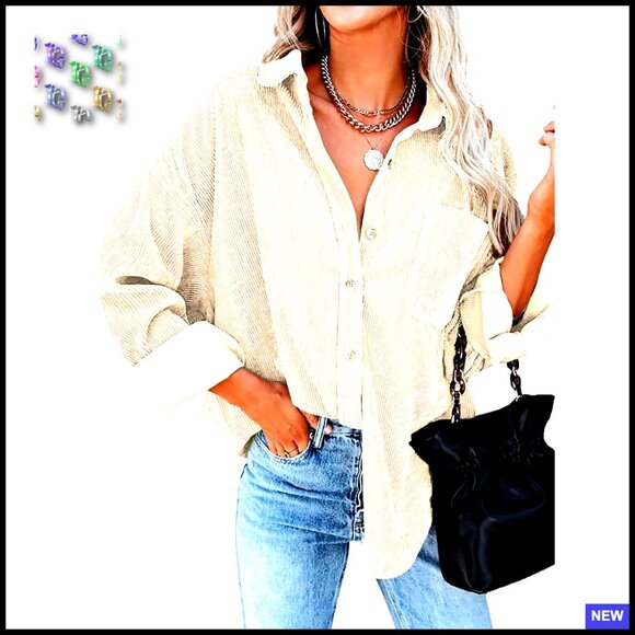 Corduroy Button Down Shirt Oversized Shacket Casual Chic Fall Winter Blouse - Picture 1 of 7